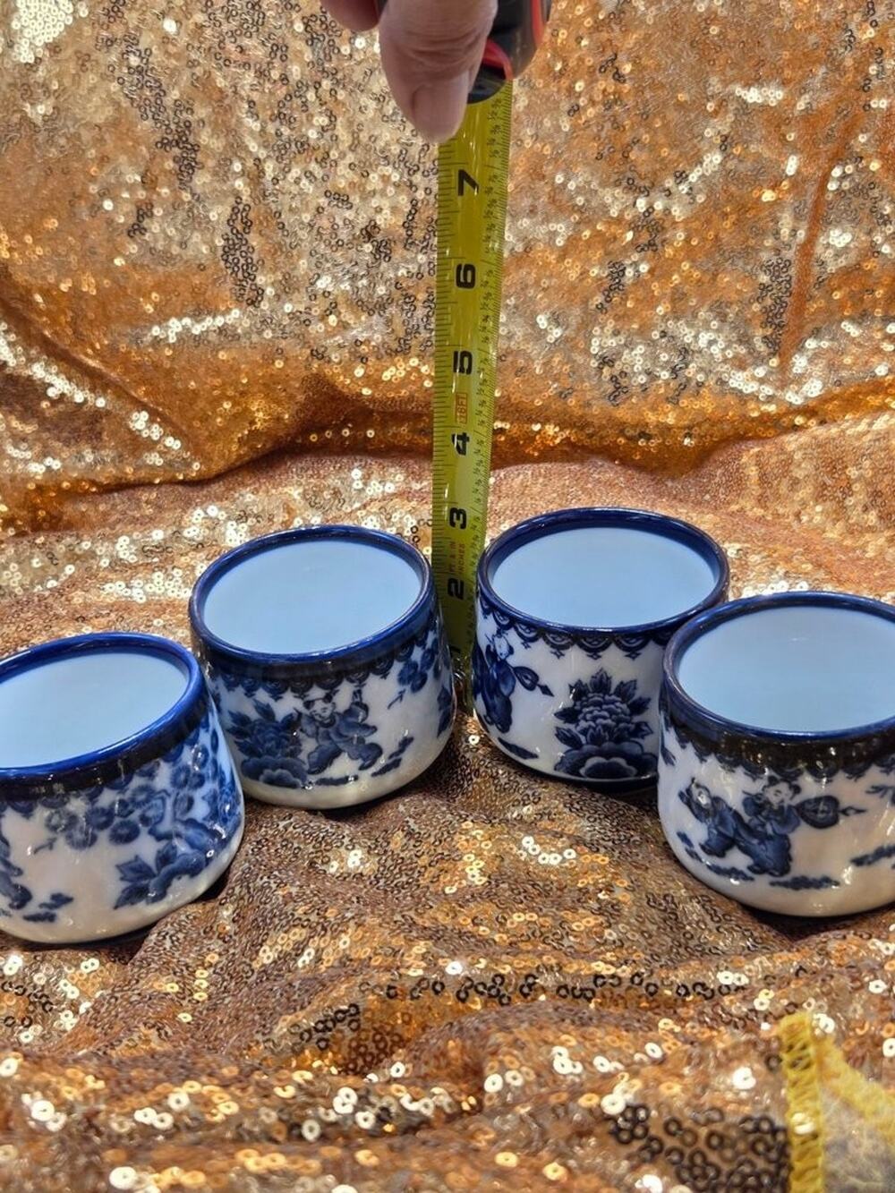 Set of Four Blue and White Floral Ceramic Tea Cups